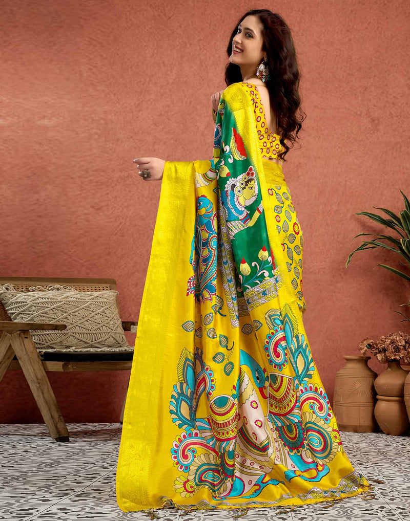 Yellow Tussar Silk Printed Kalamkari Saree