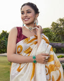 Off White Cotton Blend Printed Saree
