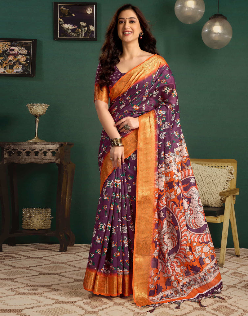 Wine Tussar Silk Printed Kalamkari Saree