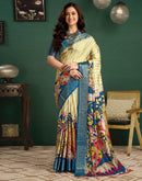 Mustard Green Tussar Silk Printed Kalamkari Saree