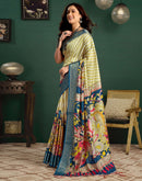 Mustard Green Tussar Silk Printed Kalamkari Saree