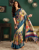 Mustard Green Tussar Silk Printed Kalamkari Saree