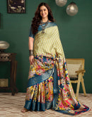 Mustard Green Tussar Silk Printed Kalamkari Saree