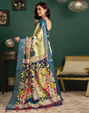 Mustard Green Tussar Silk Printed Kalamkari Saree