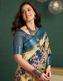 Mustard Green Tussar Silk Printed Kalamkari Saree