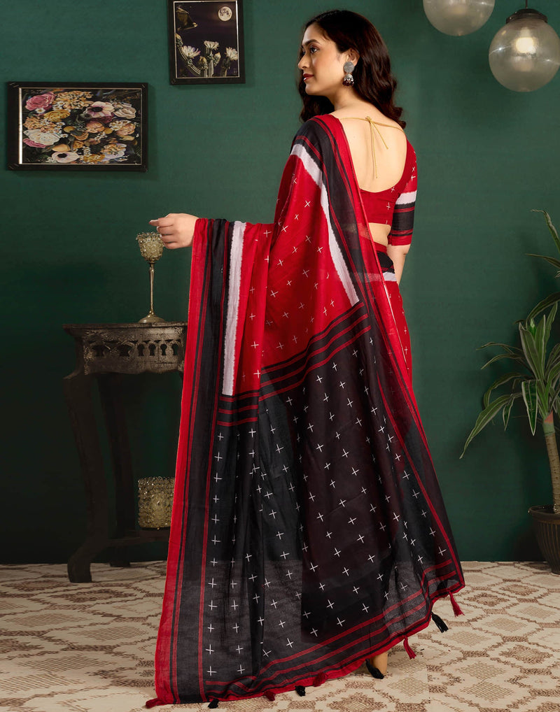 Black Cotton Printed Saree