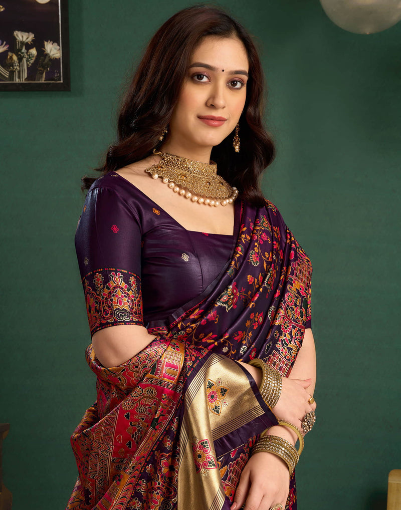 Wine Silk Minakari Banarasi Saree