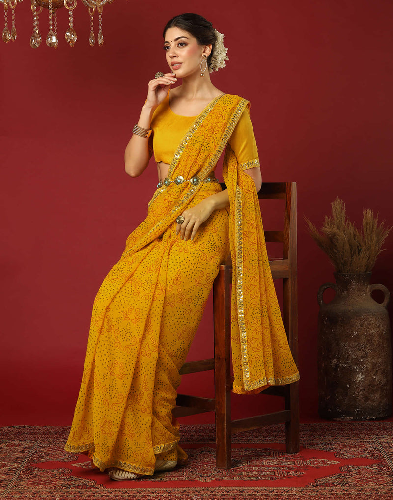 Yellow Georgette Printed Bandhani Saree