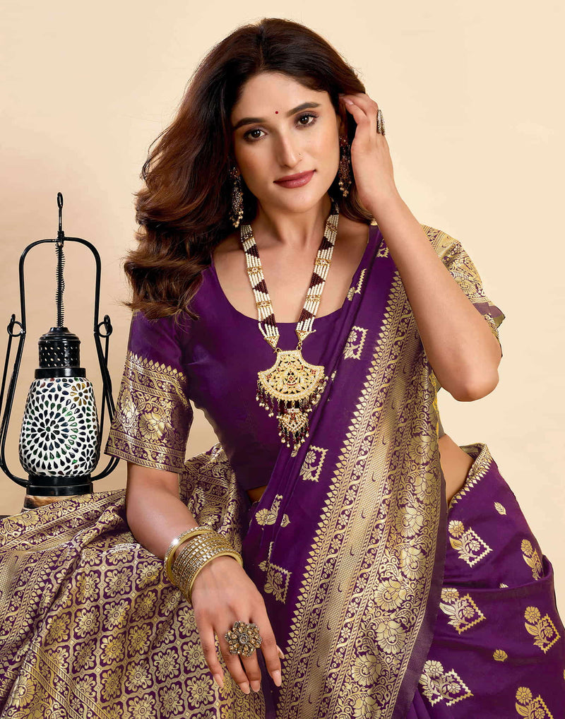 Wine Silk Woven Banarasi Saree