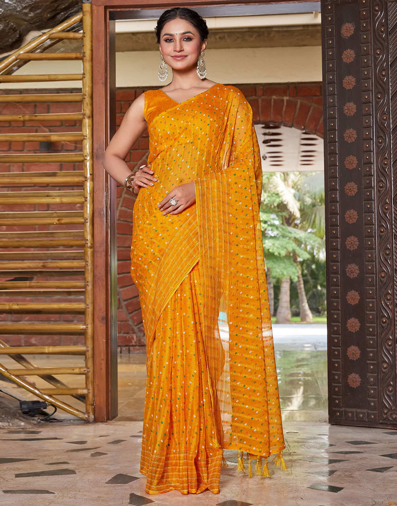 Yellow Chiffon Printed Bandhani Saree