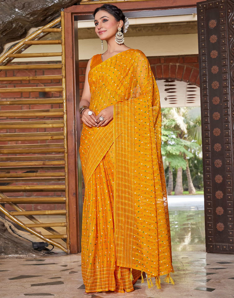 Yellow Chiffon Printed Bandhani Saree