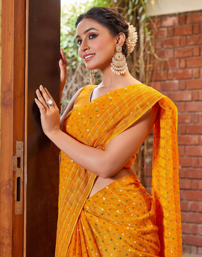 Yellow Chiffon Printed Bandhani Saree