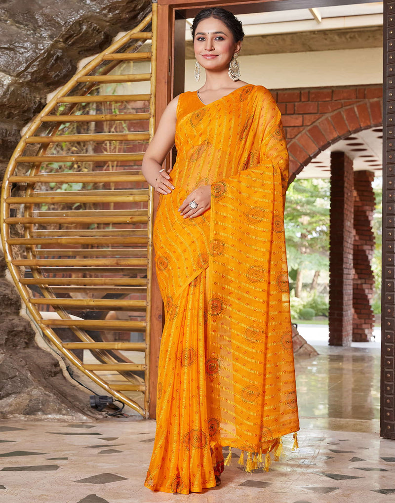 Yellow Chiffon Printed Bandhani Saree