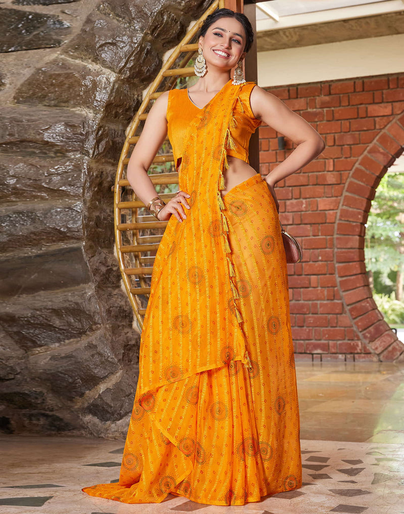 Yellow Chiffon Printed Bandhani Saree