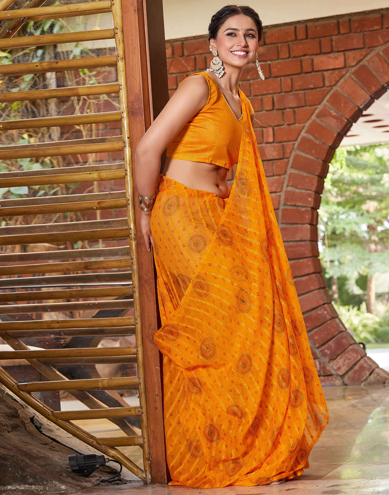 Yellow Chiffon Printed Bandhani Saree