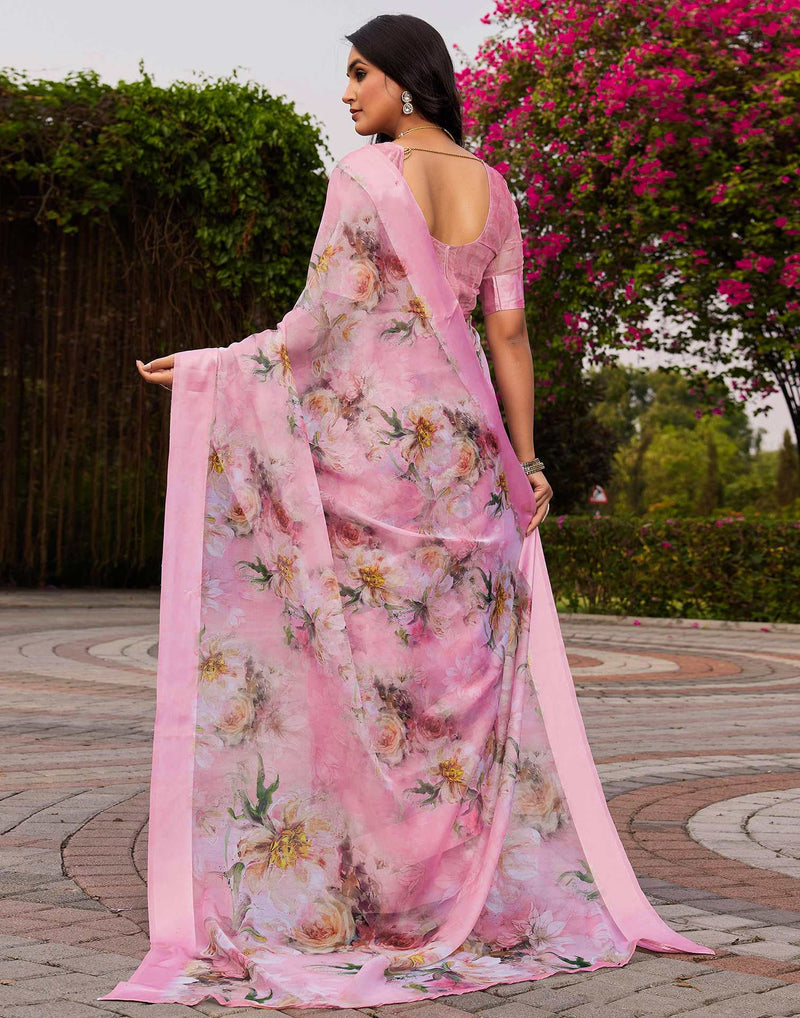 Baby Pink Georgette Floral Printed Saree