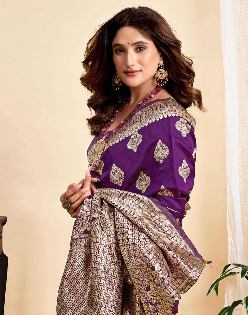 Wine Silk Woven Banarasi Saree