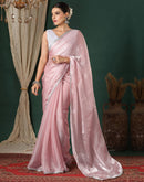 Light Pink Tissue Silk Lace Plain Saree