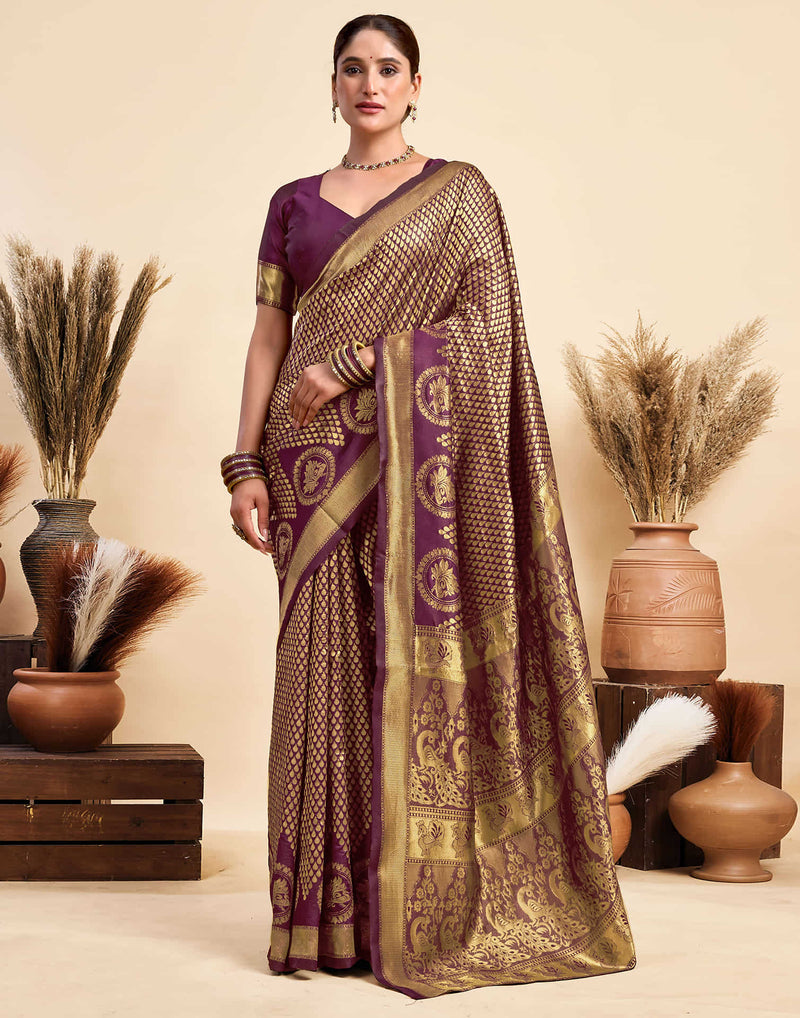 Wine Silk Woven Kanjivaram Saree