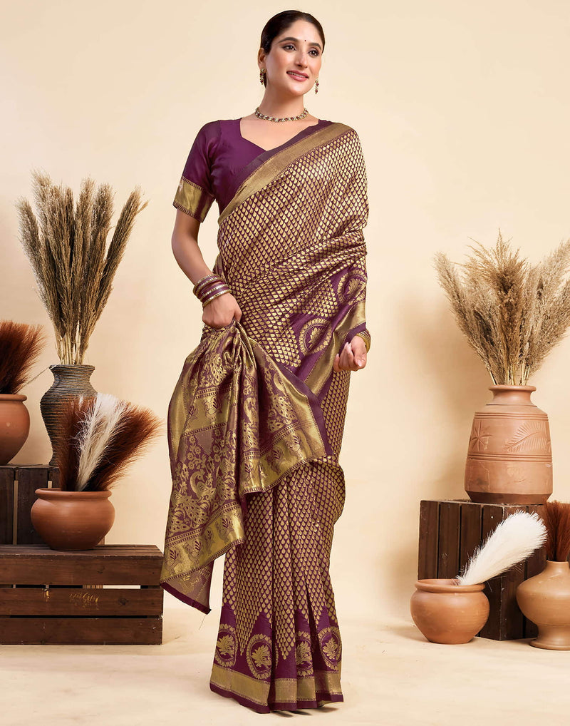 Wine Silk Woven Kanjivaram Saree