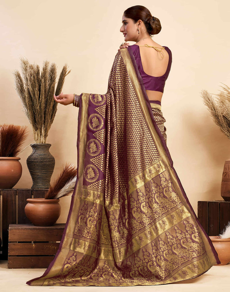 Wine Silk Woven Kanjivaram Saree