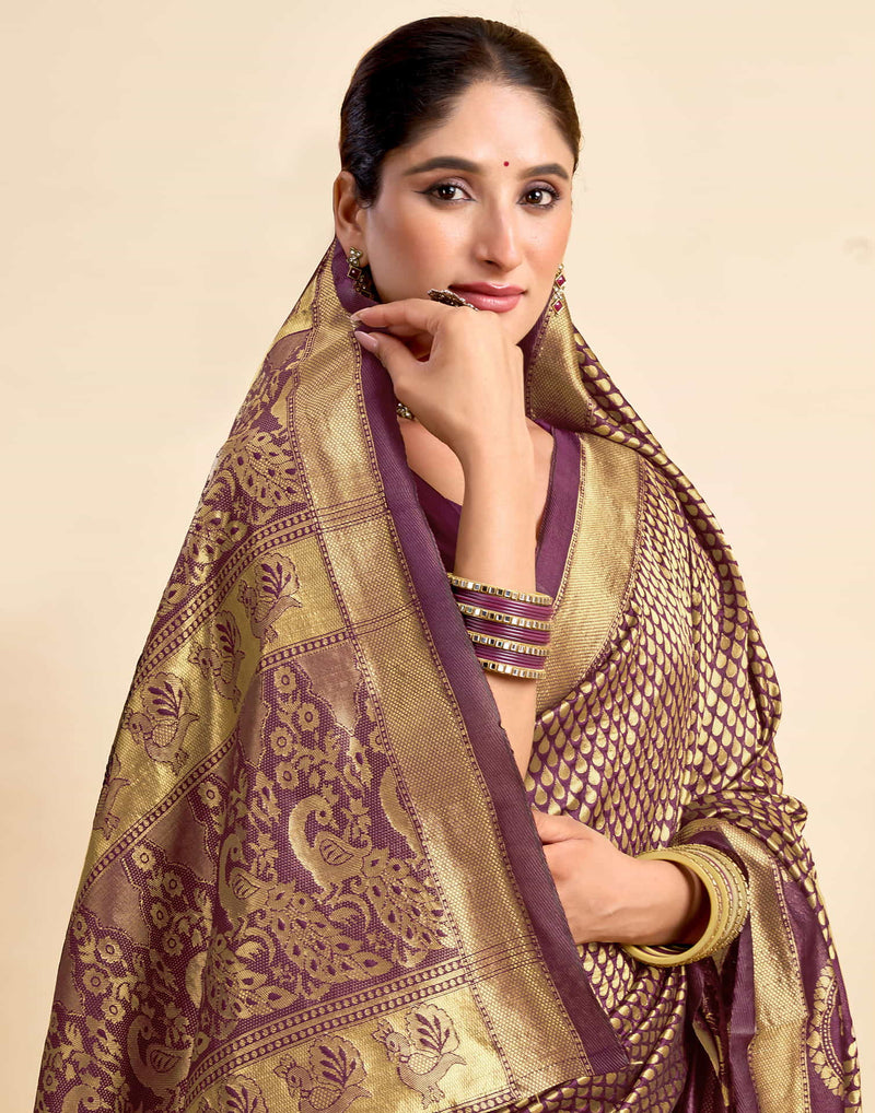 Wine Silk Woven Kanjivaram Saree