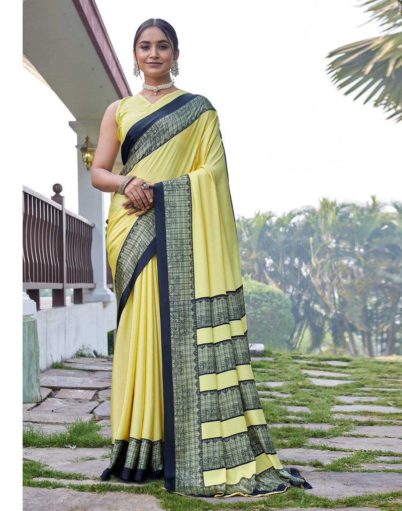 Yellow Chinnon Printed Saree