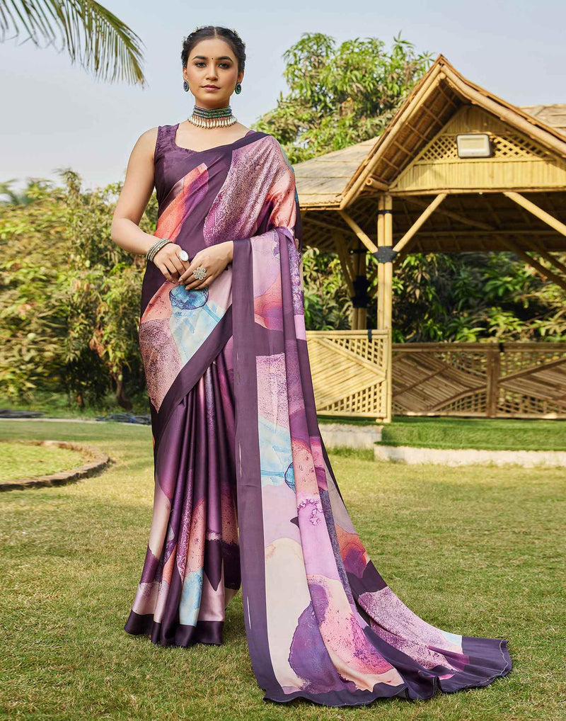 Wine Satin Printed Saree