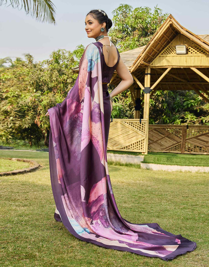 Wine Satin Printed Saree