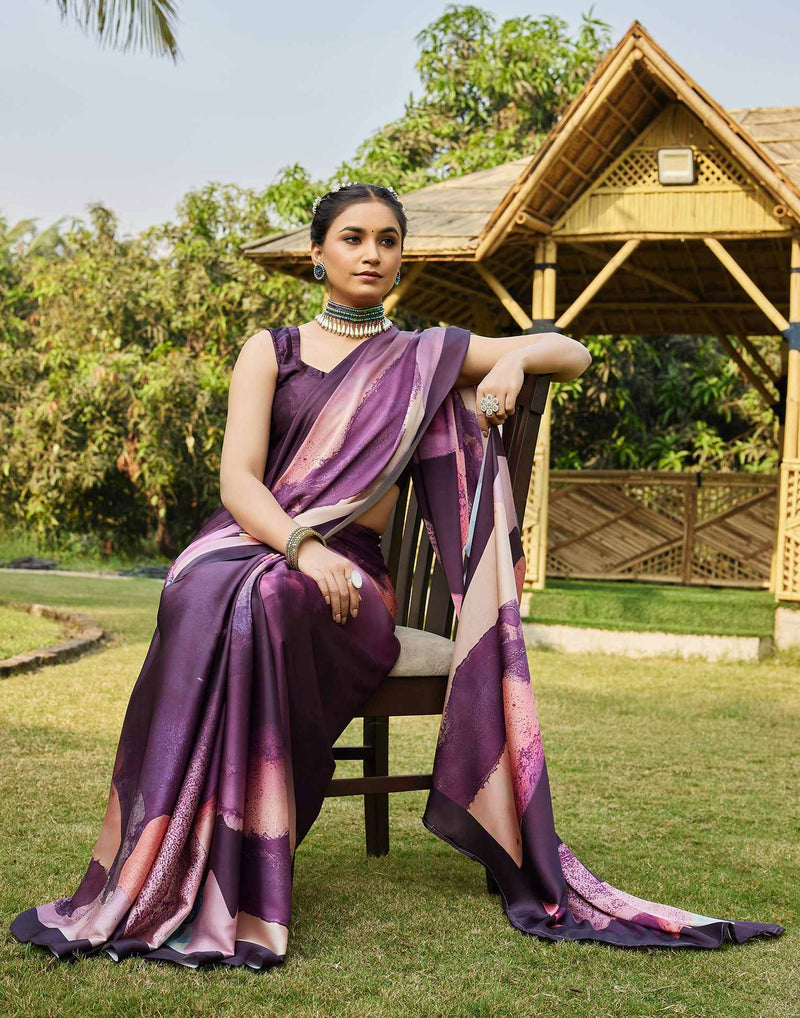 Wine Satin Printed Saree