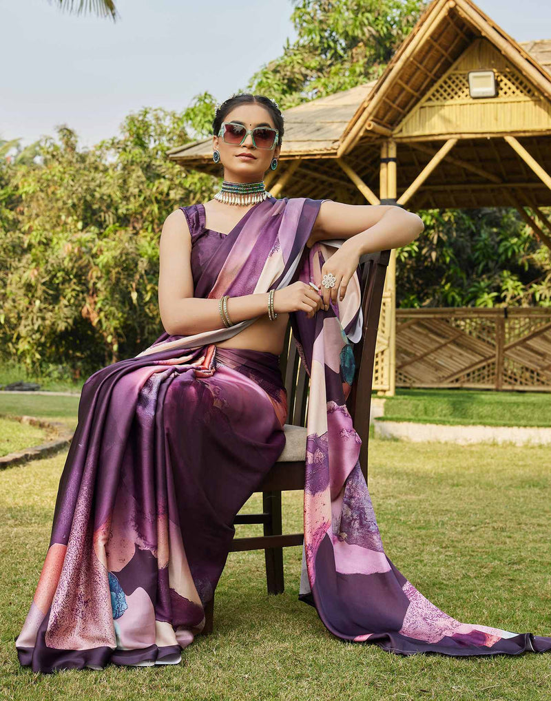 Wine Satin Printed Saree