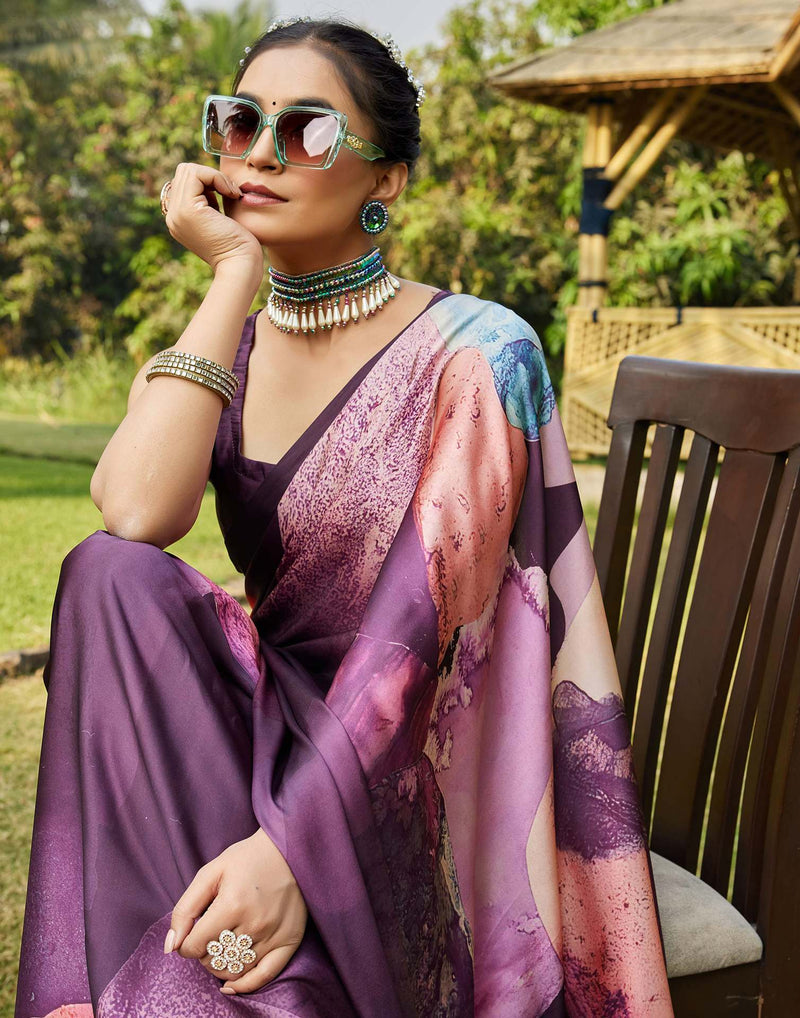 Wine Satin Printed Saree