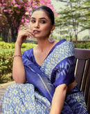 Dusty Blue Cotton Blend Ikkat Printed Saree