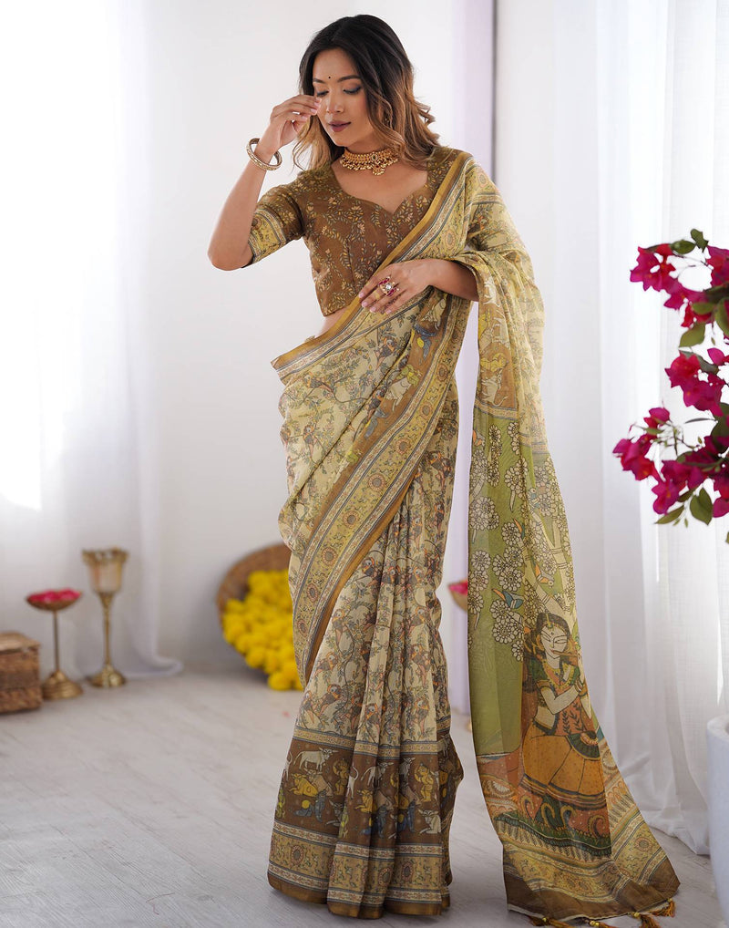 Beige Linen Printed Saree