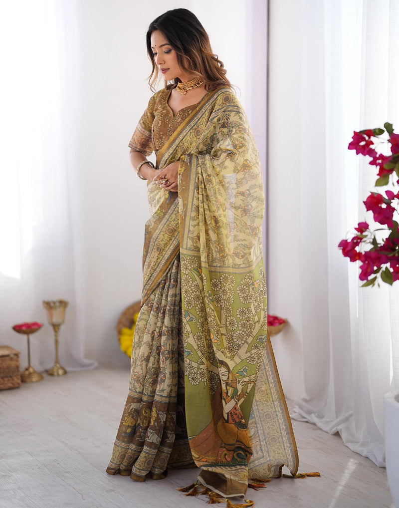 Beige Linen Printed Saree