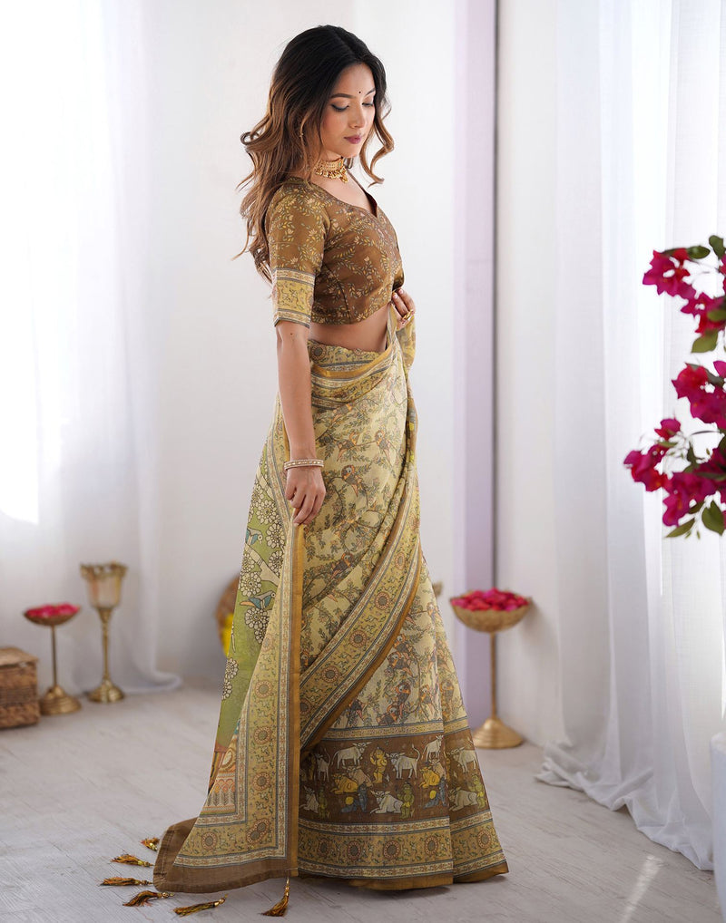 Beige Linen Printed Saree