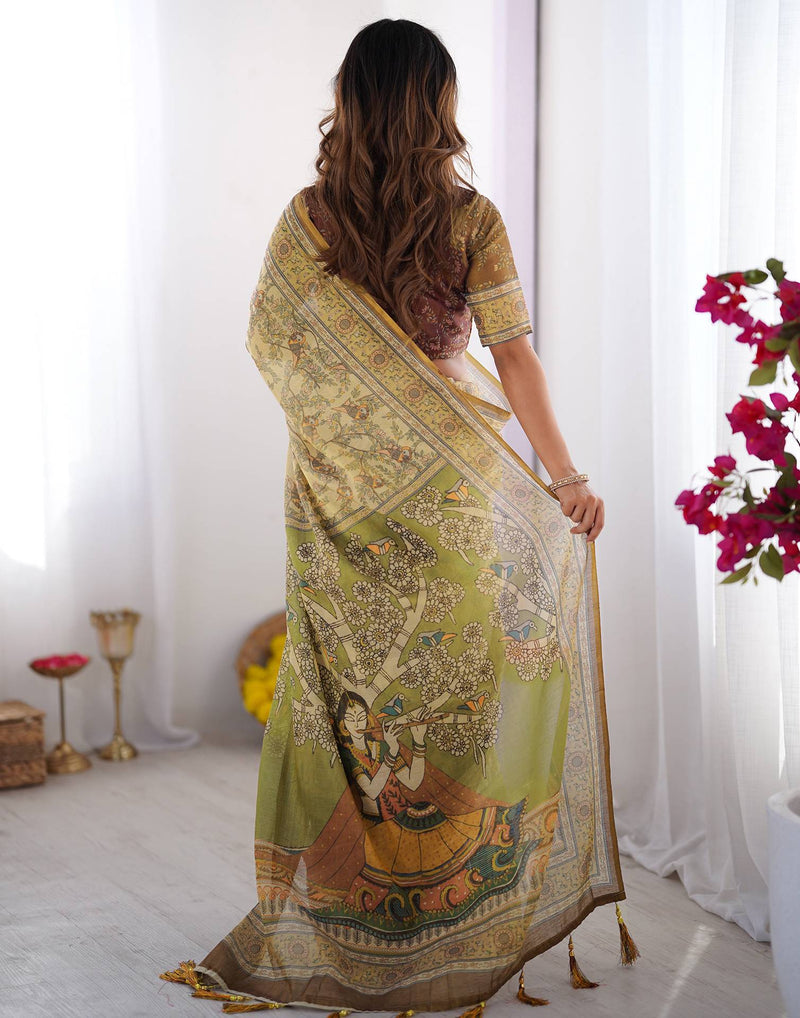 Beige Linen Printed Saree