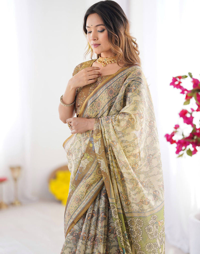 Beige Linen Printed Saree