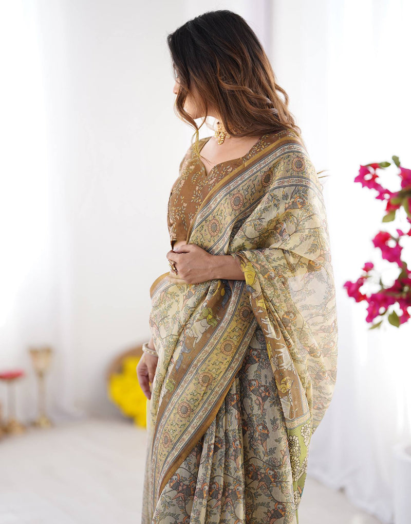 Beige Linen Printed Saree