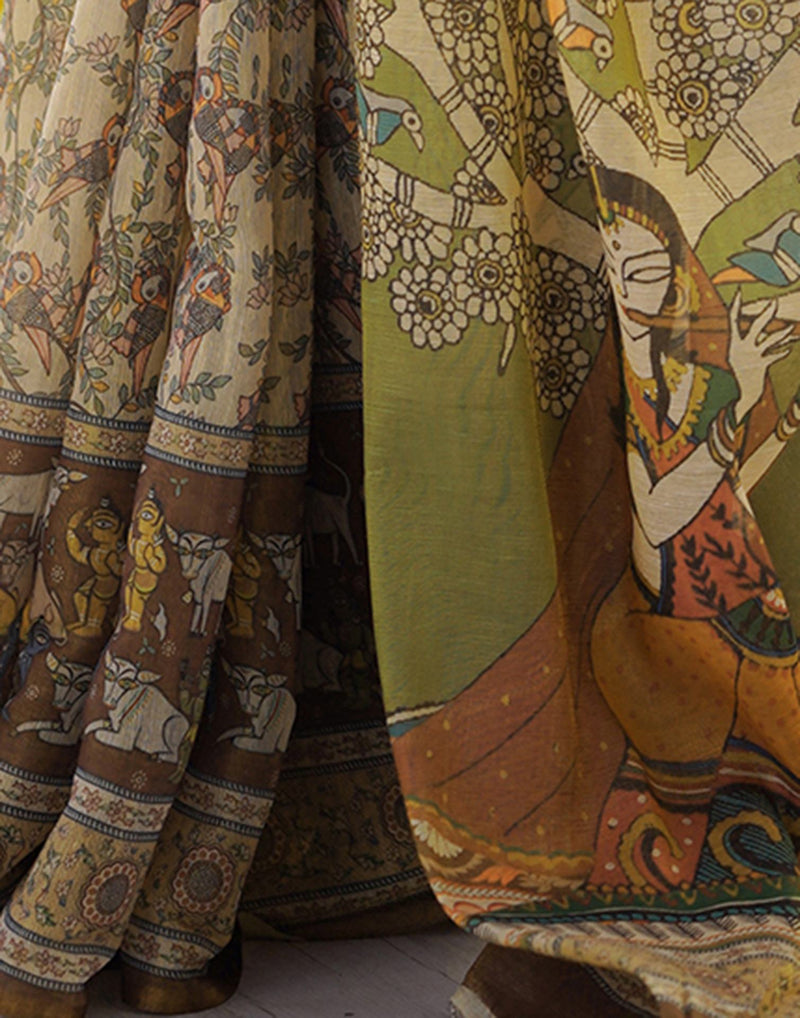 Beige Linen Printed Saree