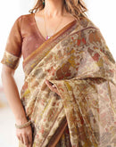 Brown Linen Kalamkari Saree
