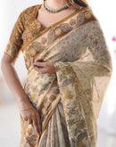 Beige Linen Floral Printed Saree