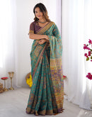 Teal Blue Linen Kalamkari Printed Saree