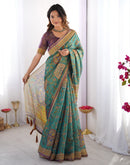 Teal Blue Linen Kalamkari Printed Saree