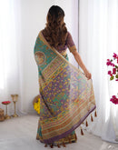 Teal Blue Linen Kalamkari Printed Saree