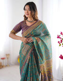 Teal Blue Linen Kalamkari Printed Saree