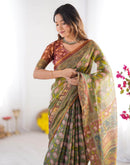 Dusty Green Linen Kalamkari Saree