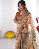 Cream Linen Kalamkari Saree