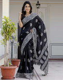 Black Cotton Blend Printed Saree