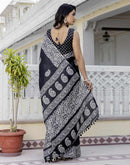 Black Cotton Blend Printed Saree
